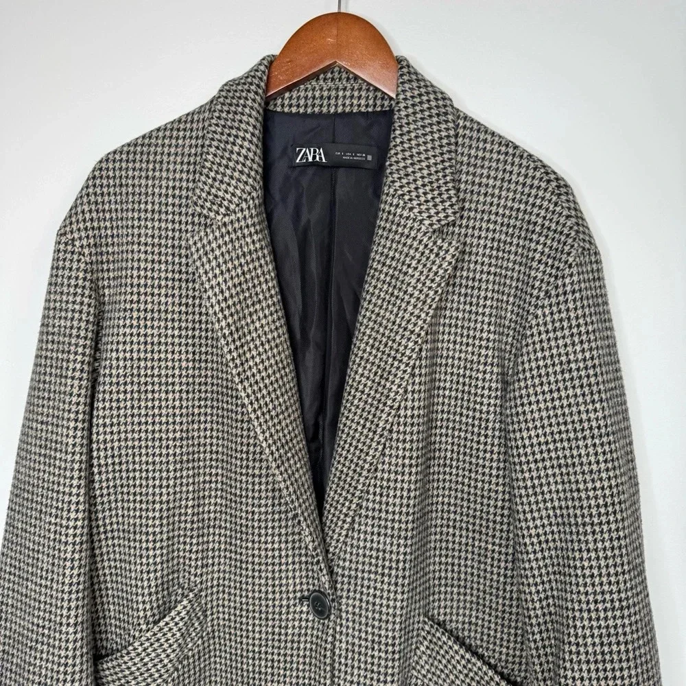 Zara Micro Check Cotton Blend Houndstooth One Button Longline Car‎ Coat Blazer